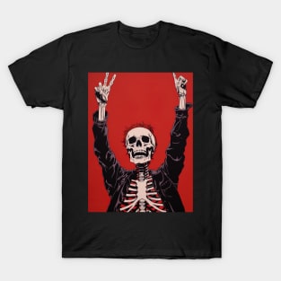 CHILL DUDE - skeleton holding hands in the air on red background T-Shirt